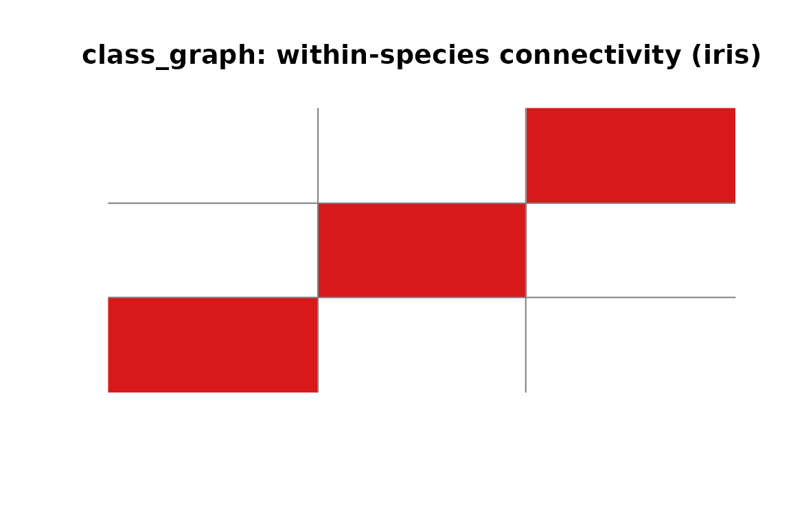 class_graph adjacency for iris. Each block is a fully connected class; no edges cross species boundaries.