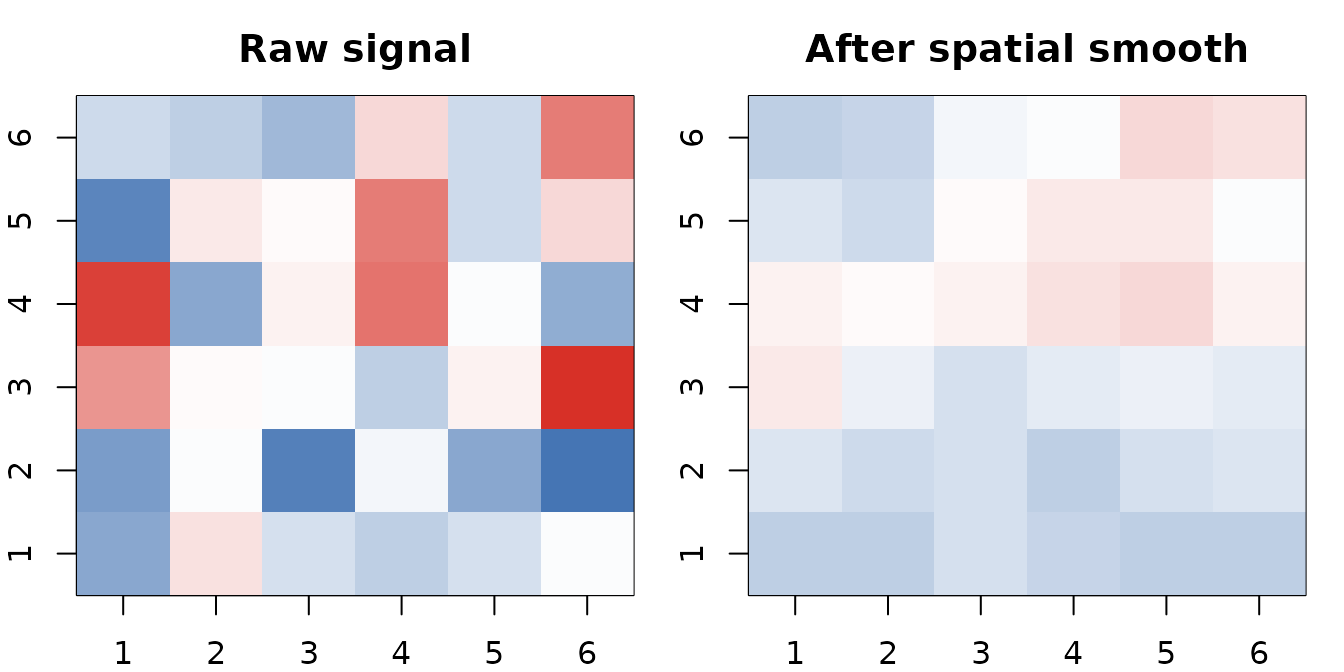 One pass of the spatial smoother turns Gaussian noise (left) into a smoothly varying field (right). The same heat kernel defines both neighbor selection and weight decay.