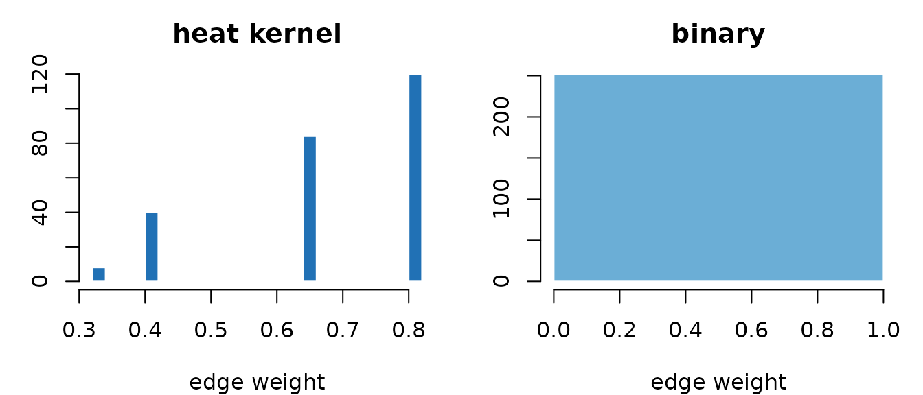 Heat weights decay continuously with distance; binary weights are uniform within the neighborhood radius.