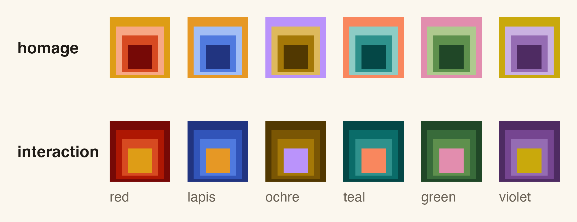 The title plate of each of the six colour families, in the warm homage direction (top) and the cool interaction direction (bottom).