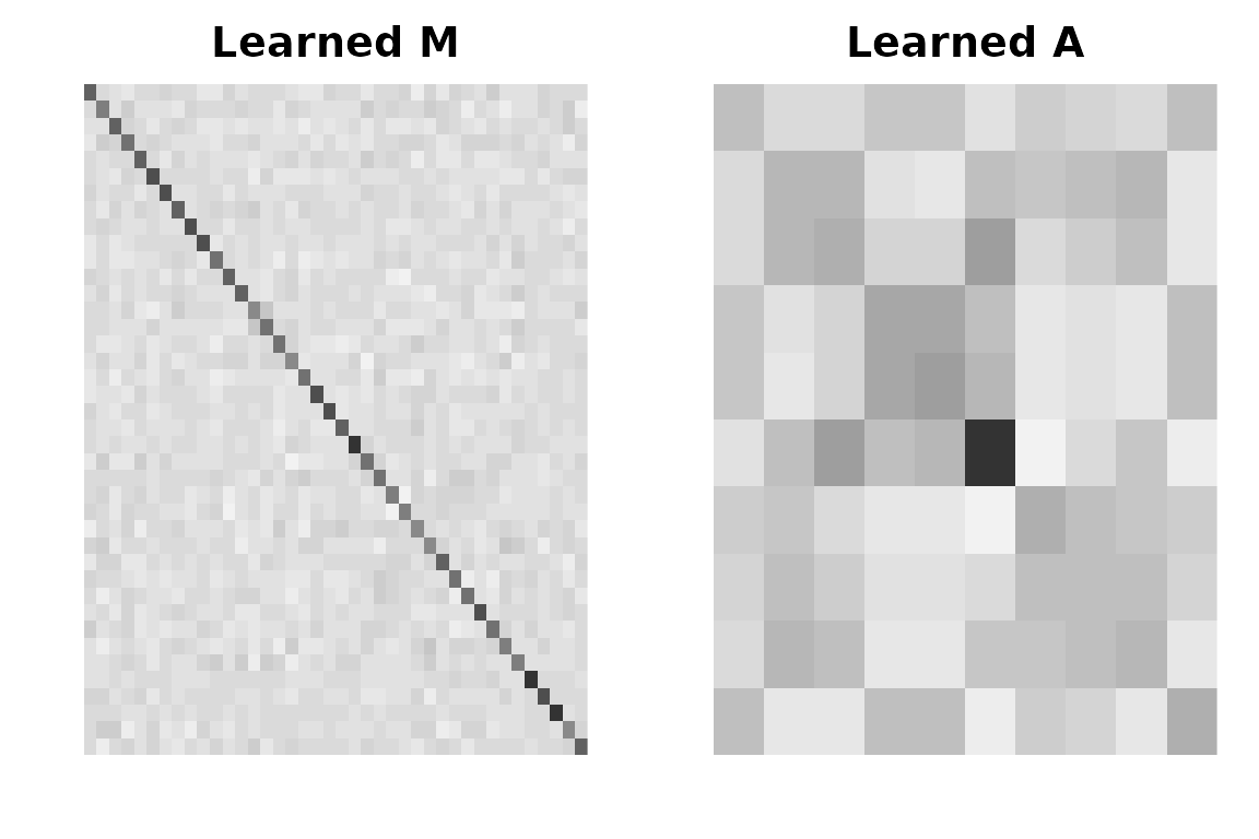 Learned row metric M (left) and column metric A (right) on i.i.d. Gaussian data. With identity-noise input the learner stays close to identity, with mild row- and column-specific damping.